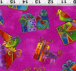 Bountiful Blessings Christmas Quilting Fabric - by Laurel Burch  - Fat Quarter - Fuchsias-Multi-Metallic Packages