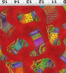 Bountiful Blessings Christmas Quilting Fabric - by Laurel Burch  -Fat Quarter -  Reds-Multi-Metallic Stockings