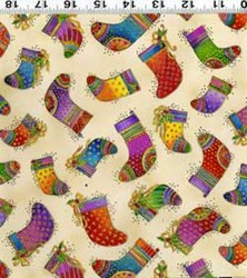 Bountiful Blessings Christmas Quilting Fabric - by Laurel Burch  - FatQuarter - Creams-Multi-Metallic Stockings
