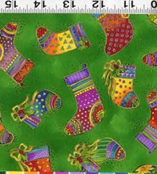Bountiful Blessings Christmas Quilting Fabric - by Laurel Burch  - Greens-Multi-Metallic Stockings