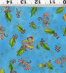 Bountiful Blessings Christmas Quilting Fabric - by Laurel Burch  - Fat Quarter - Turquoise-Metallic Candy Canes