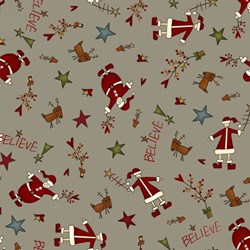 Believe - Words -Santa Toss/Believe on Gray - by Jan Rae Nesbitt for Henry Glass Fabrics